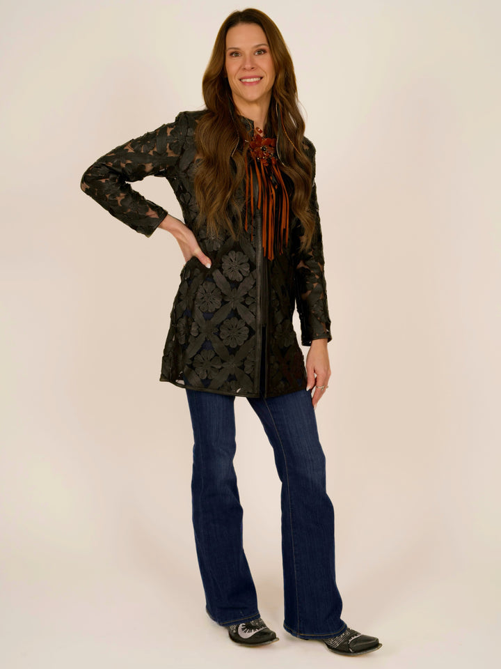 Black Laser Cutout Leather Jacket