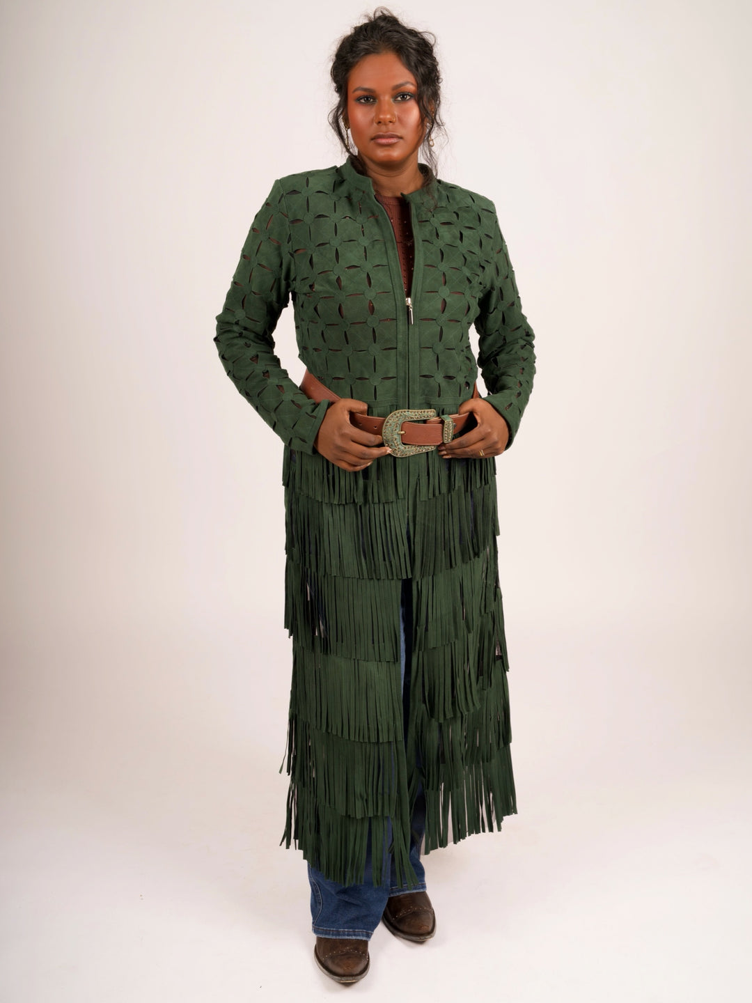 Genuine Suede Leather Laser-Cut Fringe Duster Jacket