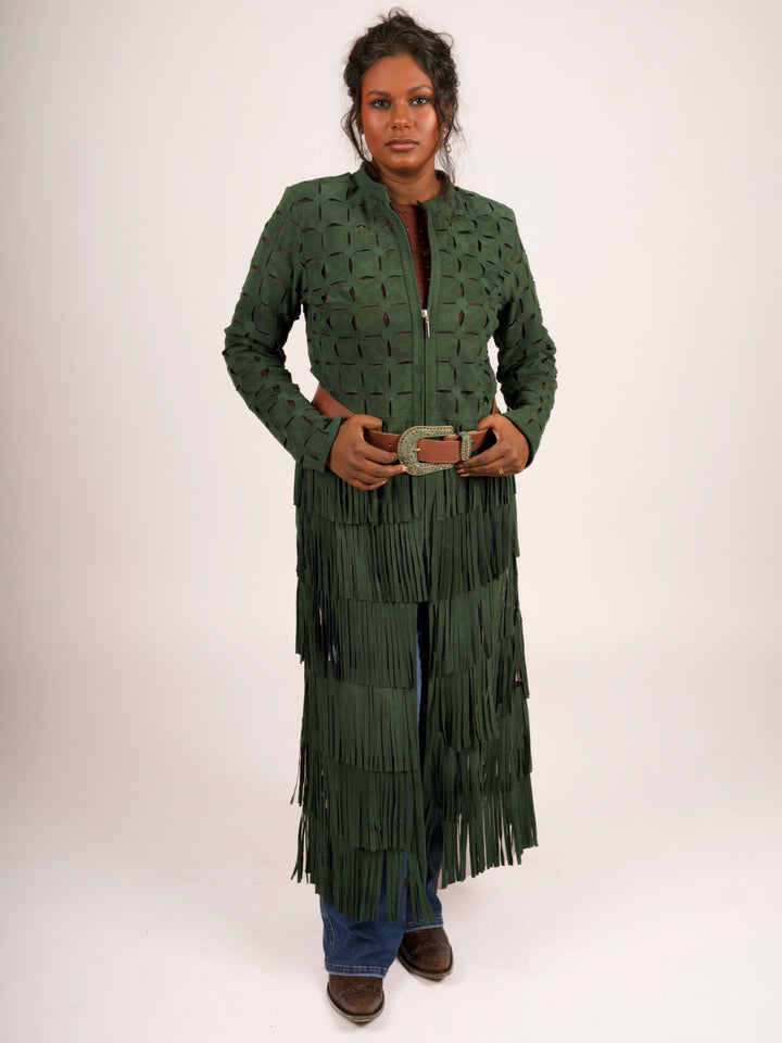 Genuine Suede Leather Laser-Cut Fringe Duster Jacket