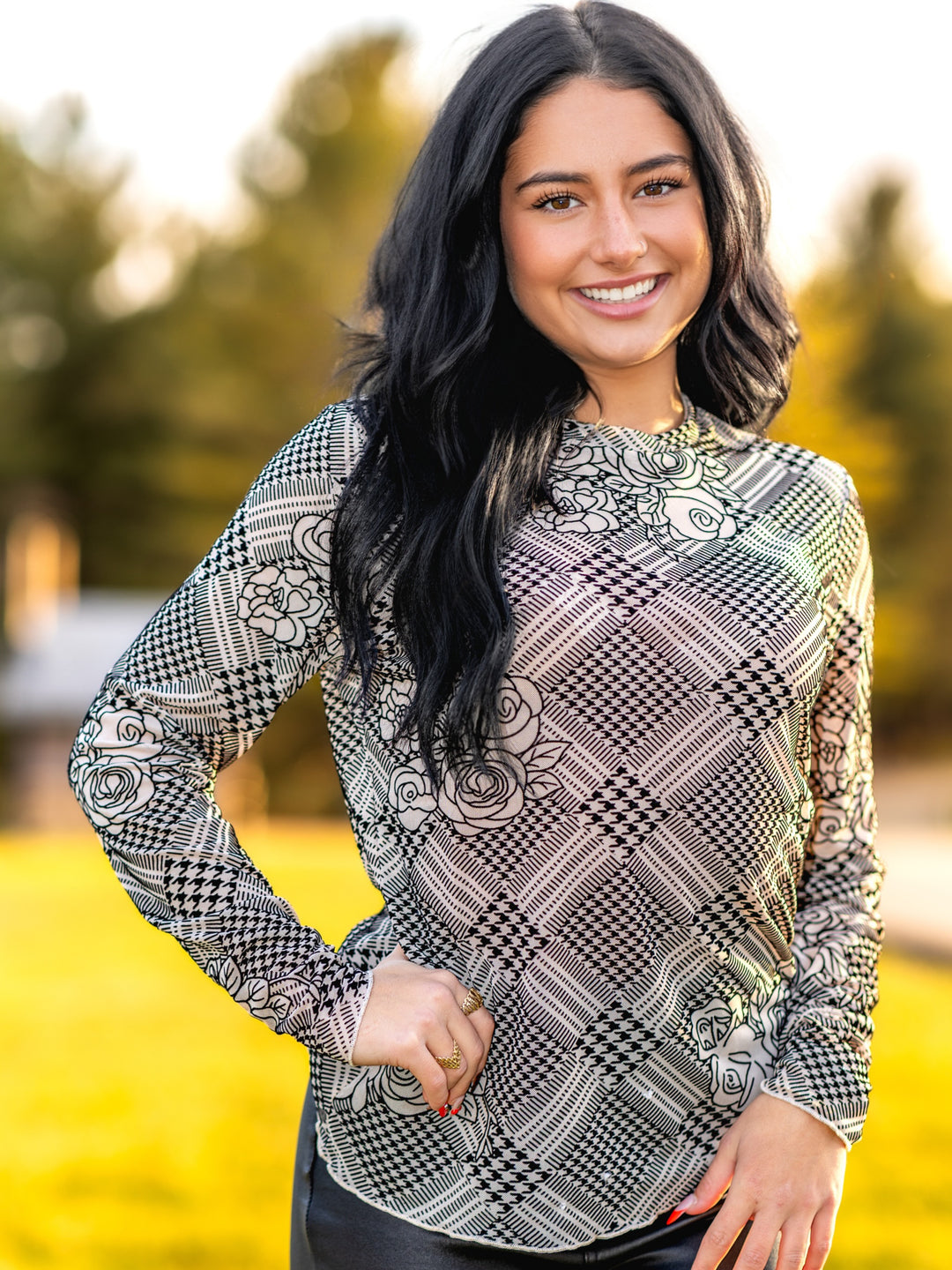 Plaid Floral Velvet Overlay Mesh Long Sleeve Top