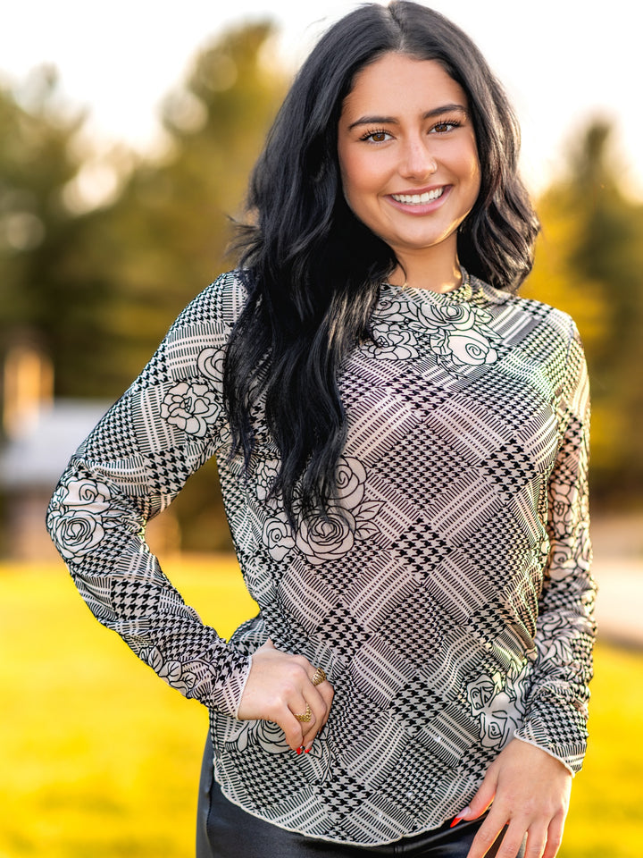 Plaid Floral Velvet Overlay Mesh Long Sleeve Top