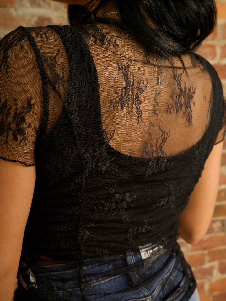 Ruched Short Sleeve Lace Mesh Top