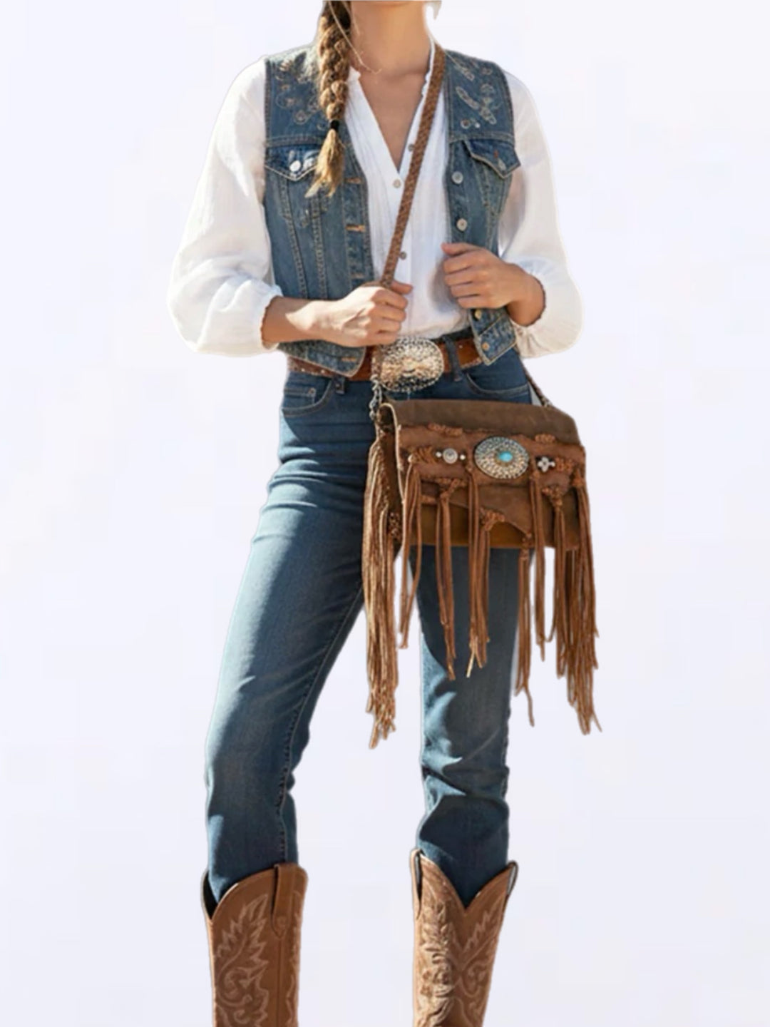 Granada Turquoise Inlay Leather Fringe Crossbody