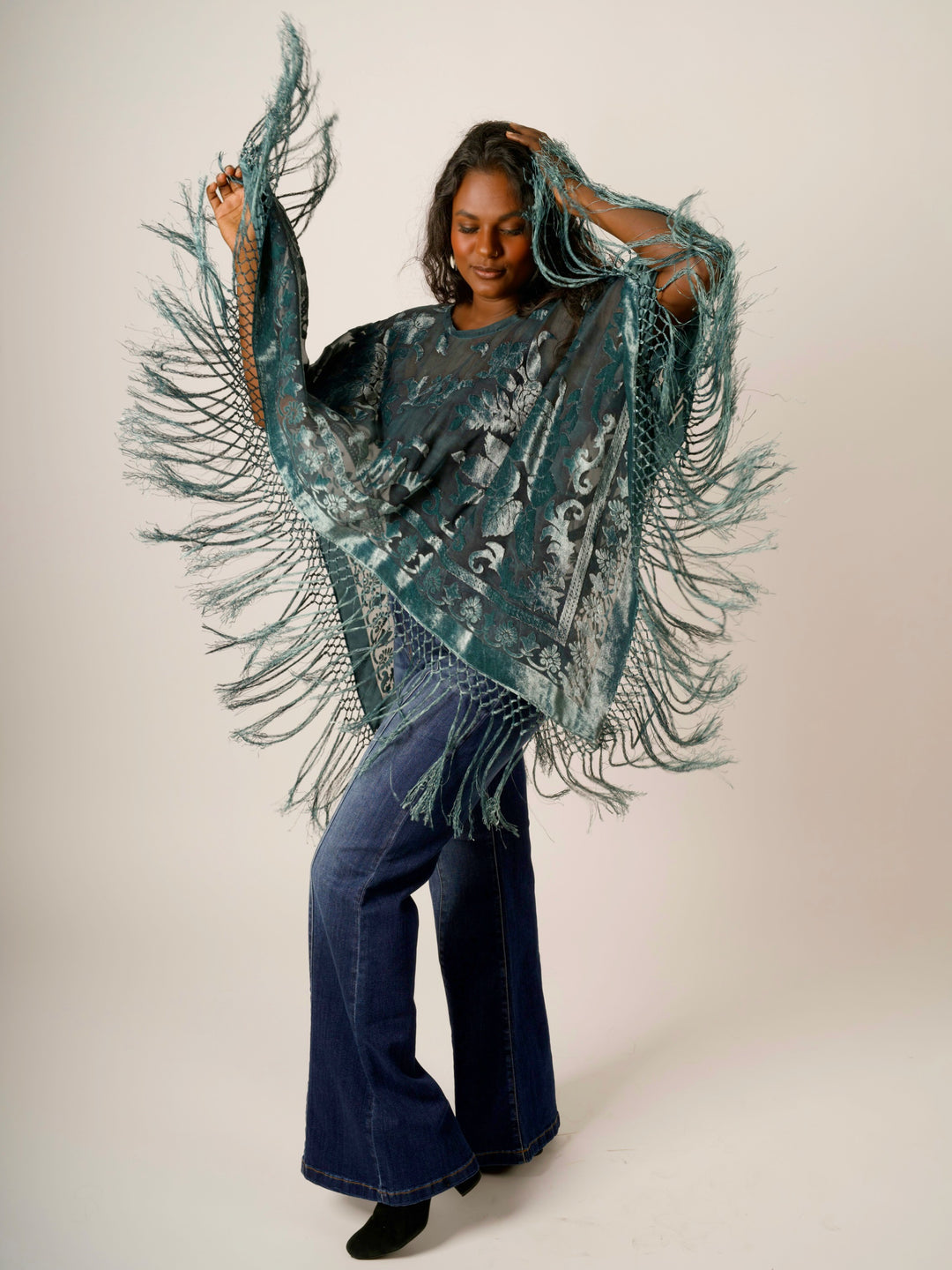 Burnout Velvet Poncho with Fringe