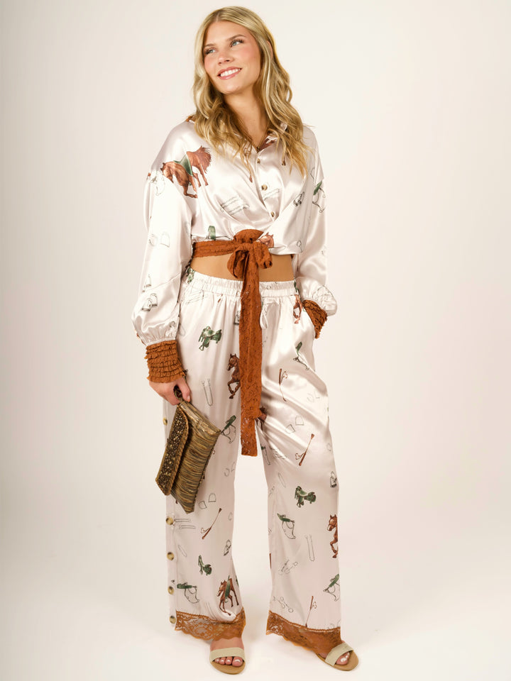 Stretch Satin Equestrian Print Pants with Lace Hem