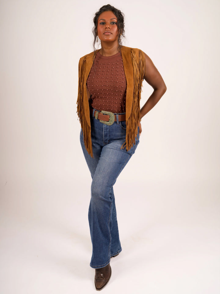 Handcrafted Cognac Suede Leather Fringe Shoulder Collar