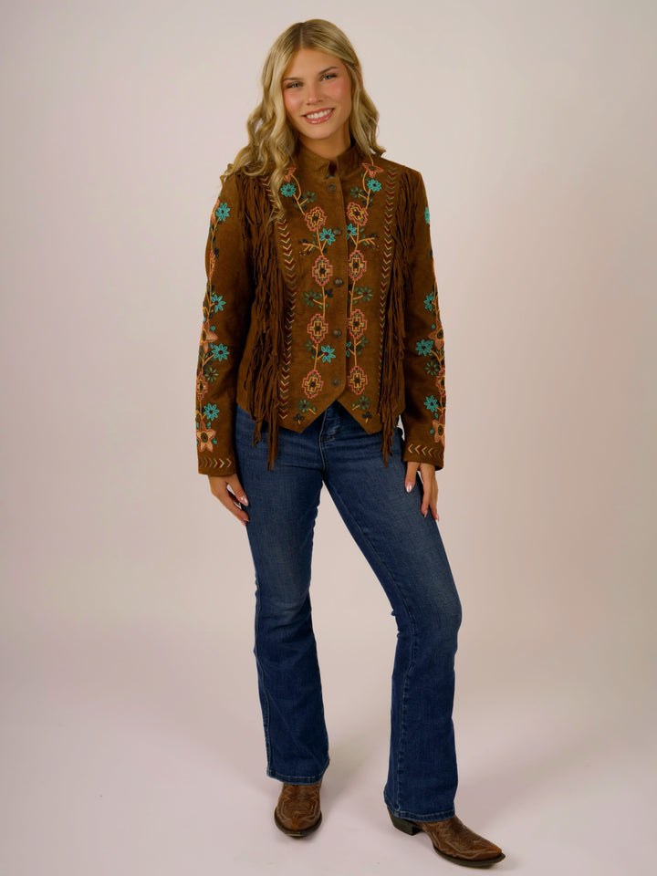 Cognac Leather Suede Beaded Fringe Western Jacket