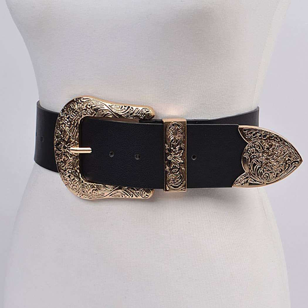 Vintage Cowboy Large Buckle Faux Leather Western Belt
