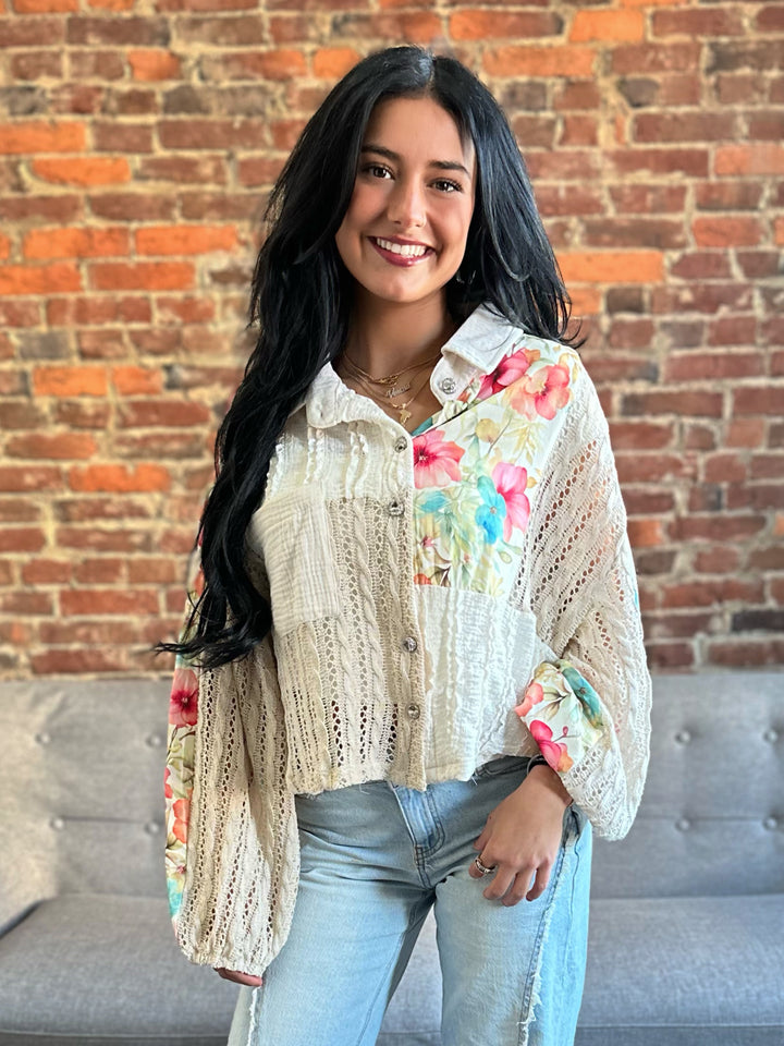 POL Mixed Bloom Floral Crochet Button Up