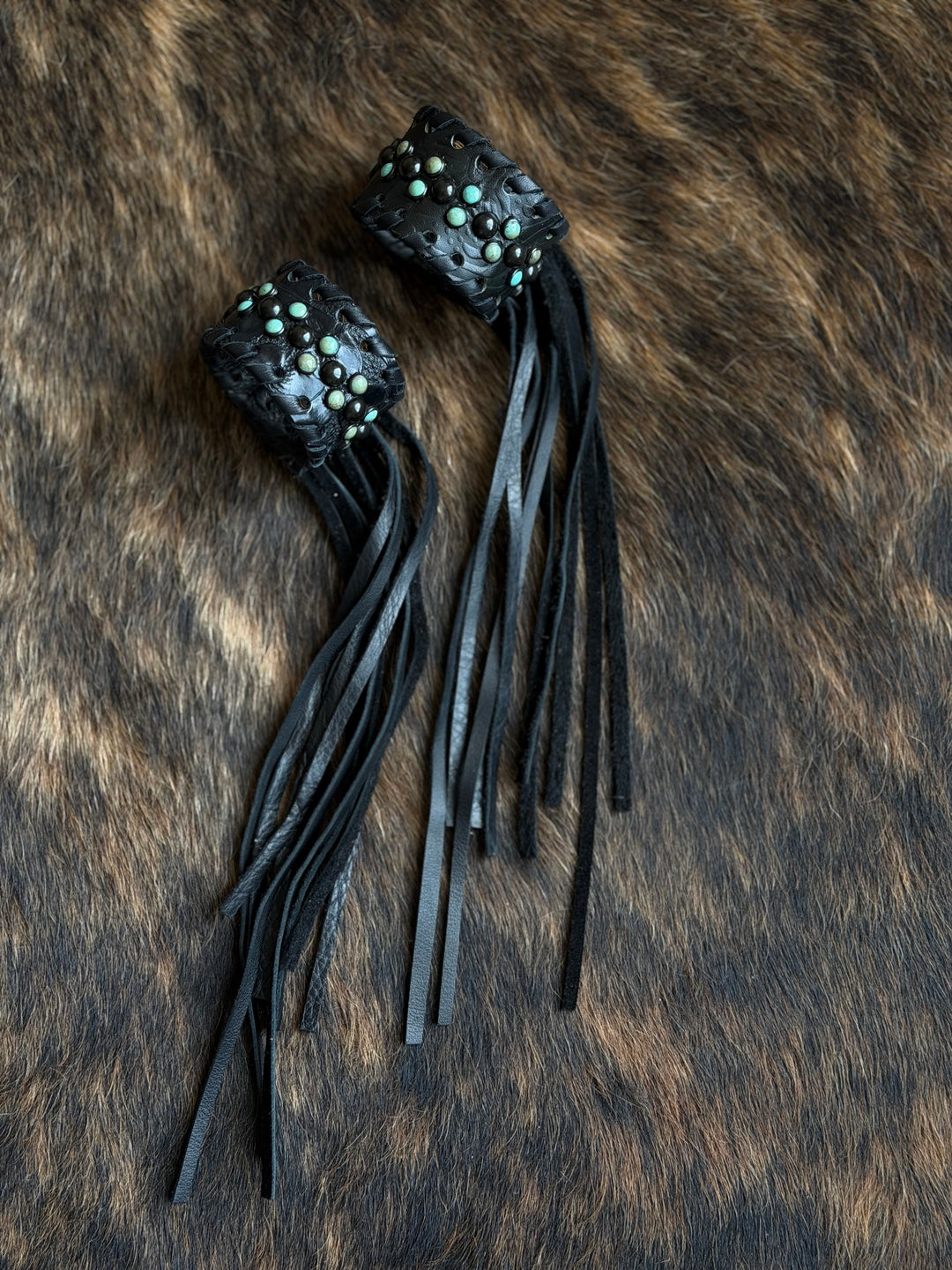 Single Black Leather & Turquoise Pearl  Fringe Cuff Bracelet