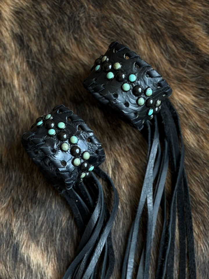 Single Black Leather & Turquoise Pearl  Fringe Cuff Bracelet