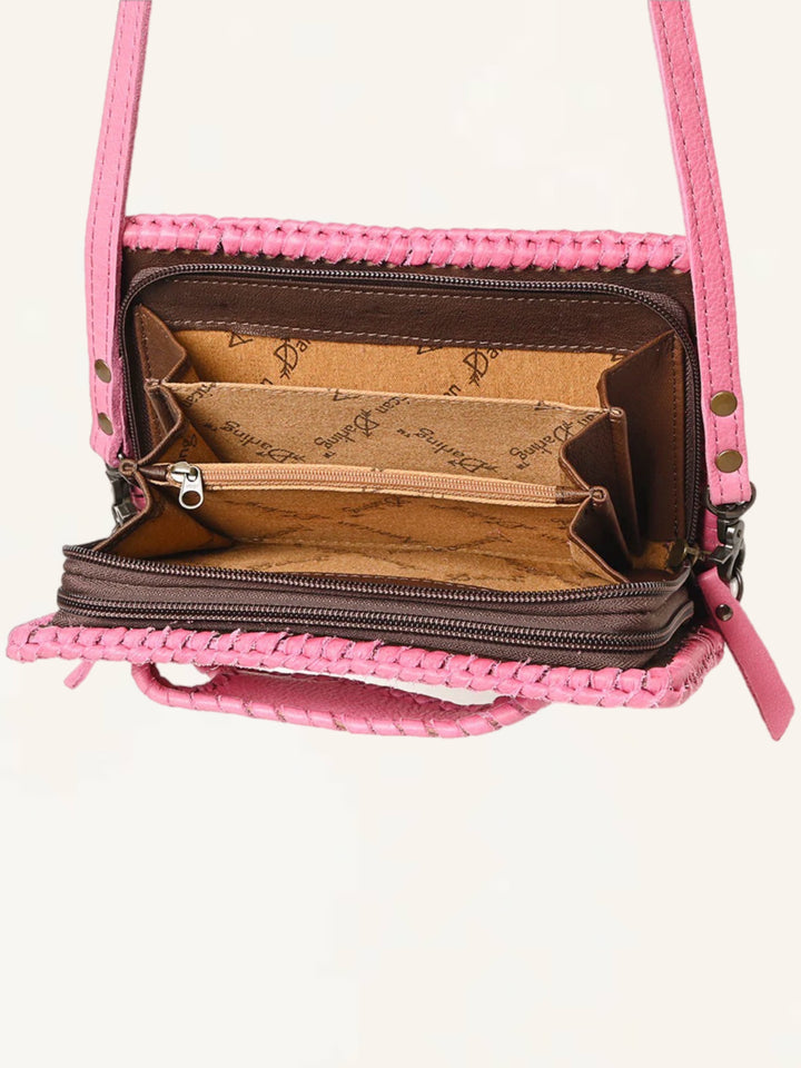 Pink Hand Tooled Leather Crossbody Clutch Wallet Bag