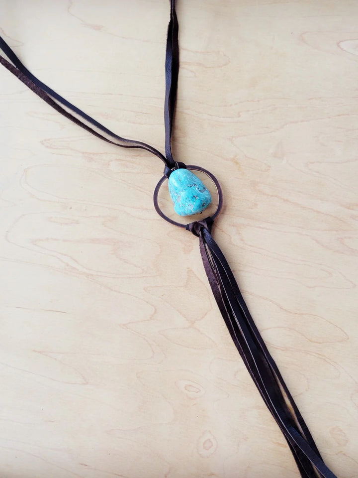 Boho Leather Necklace w/ Large Turquoise Chunky Pendant