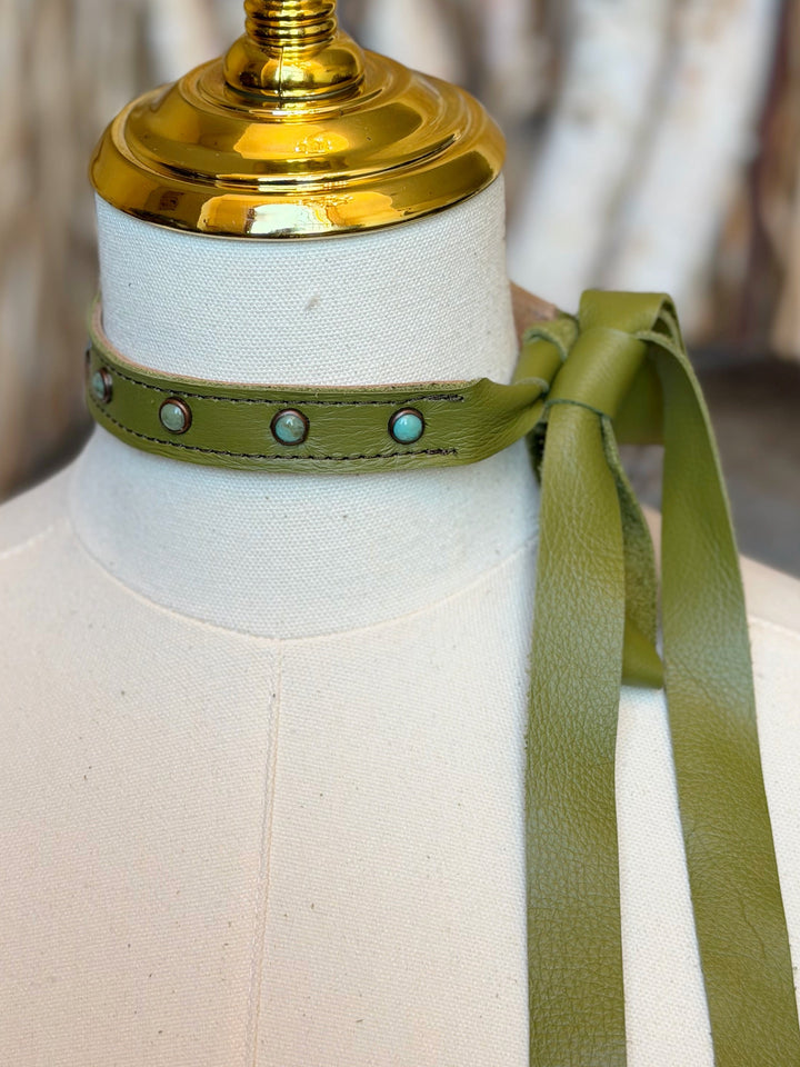 Olive & Turquoise Pearl Leather Choker Necklace
