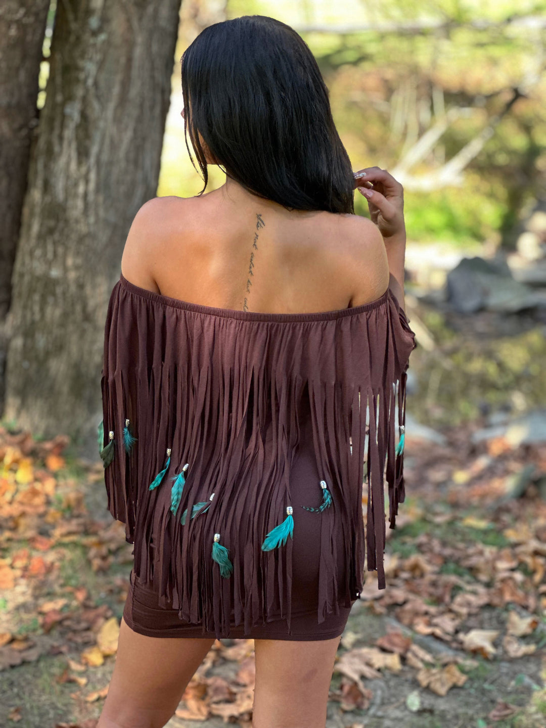 Feather & Fringe Peasant Body-con Mini Dress Dark brown / Medium Feather & Fringe Peasant Body-con Mini Dress Dark brown / Medium