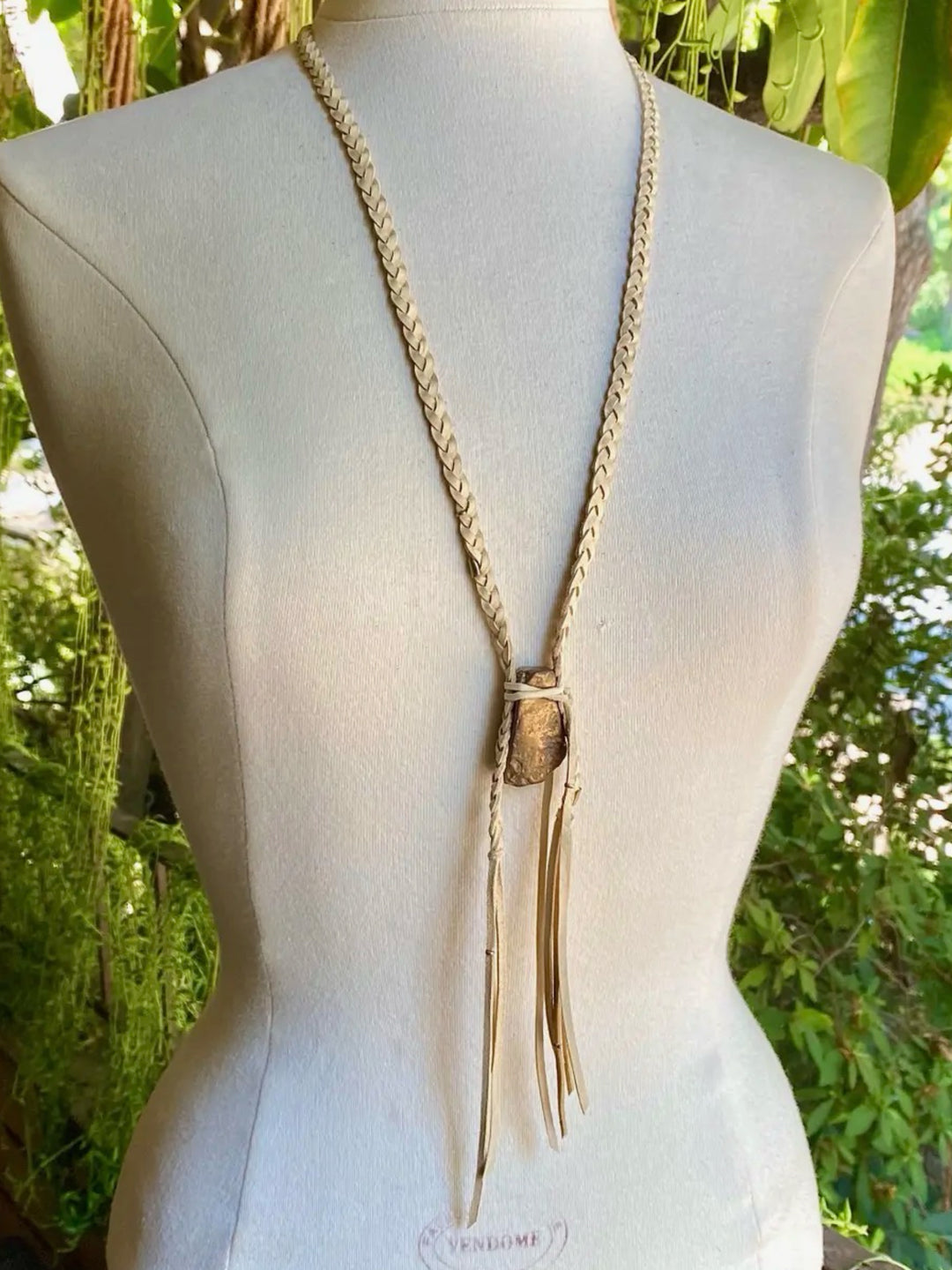 Cream Leather & Druzy Quartz Stone Necklace