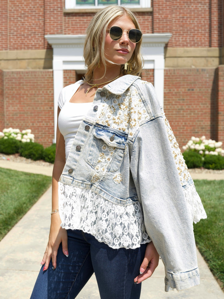 POL Sparkle & Lace Denim Jacket