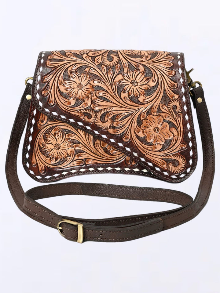 Premium Full-Grain Leather Crossbody Bag with Floral Tooling