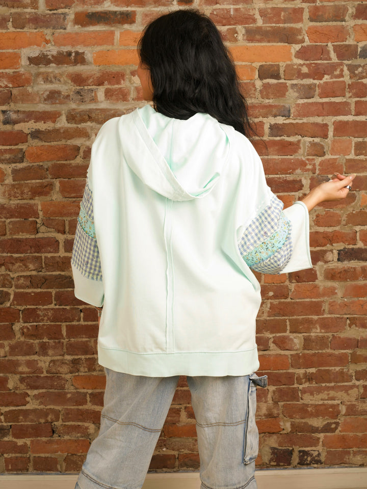 Mint Blue Oversized Floral Print Hooded Pullover