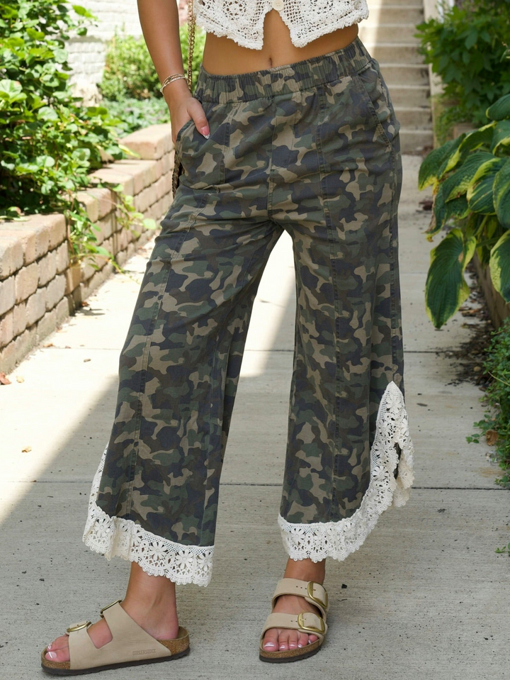 Relaxed Camo Pants with Lace Tulip Hem