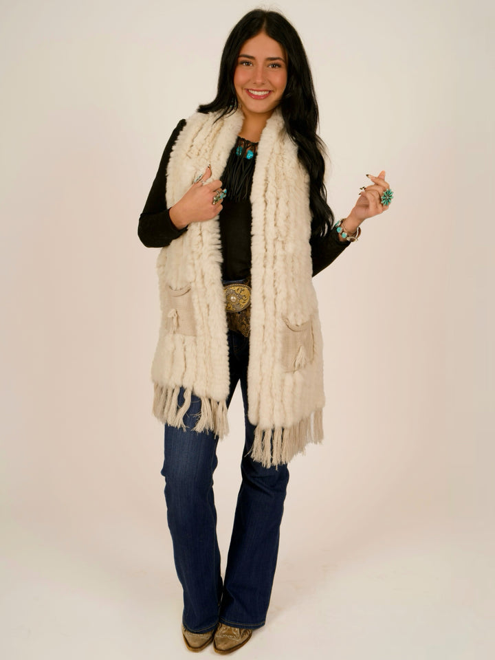 Ivory Rex Rabbit Pocket Shawl Fur Vest
