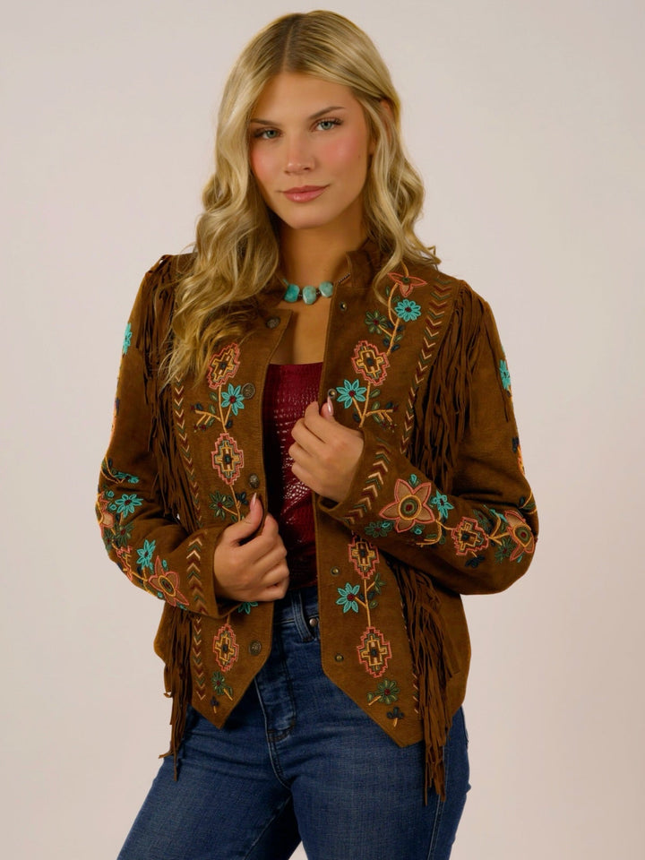 Cognac Leather Suede Beaded Fringe Western Jacket