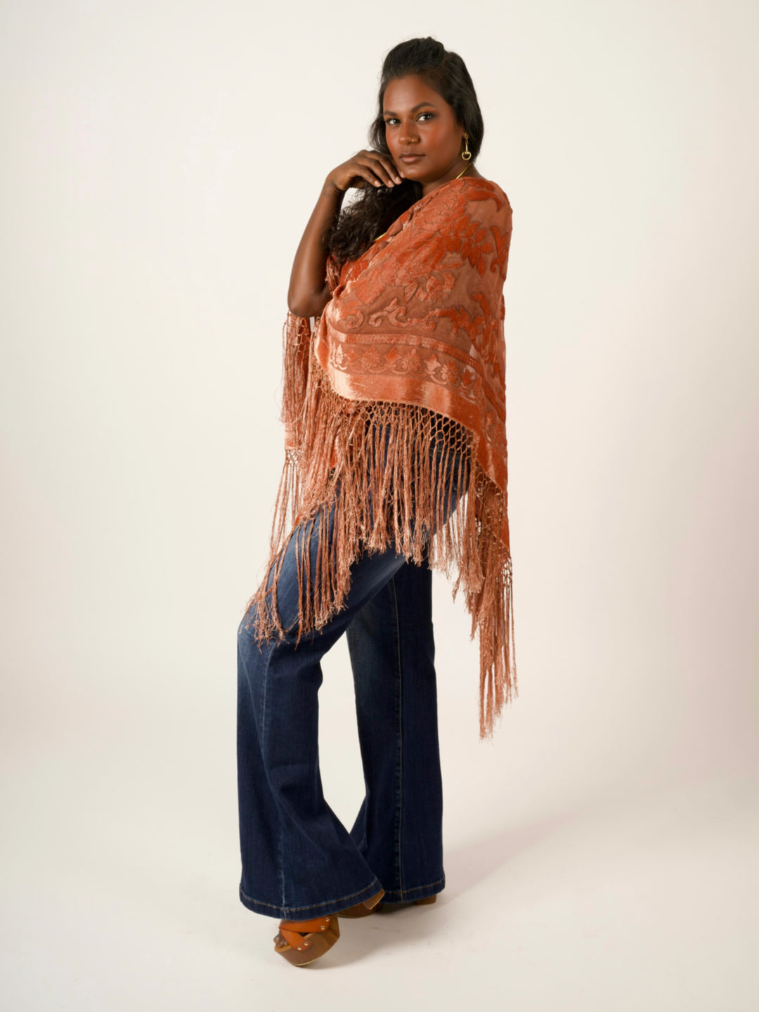 Burnout Velvet Poncho with Fringe