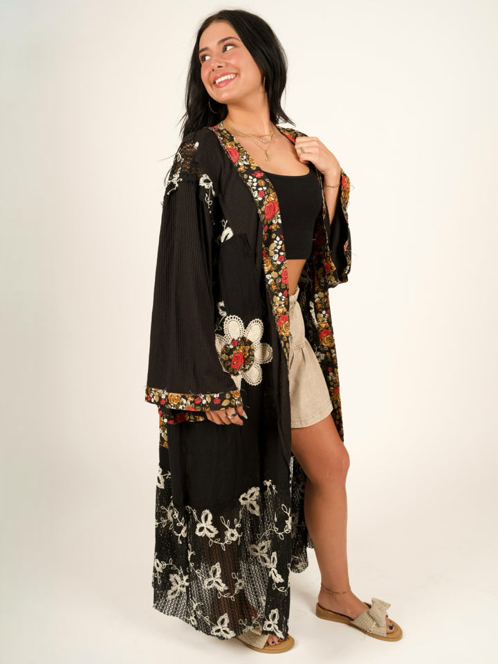 POL Oversized Boho Cardigan - Black Crochet Lace Patch Duster