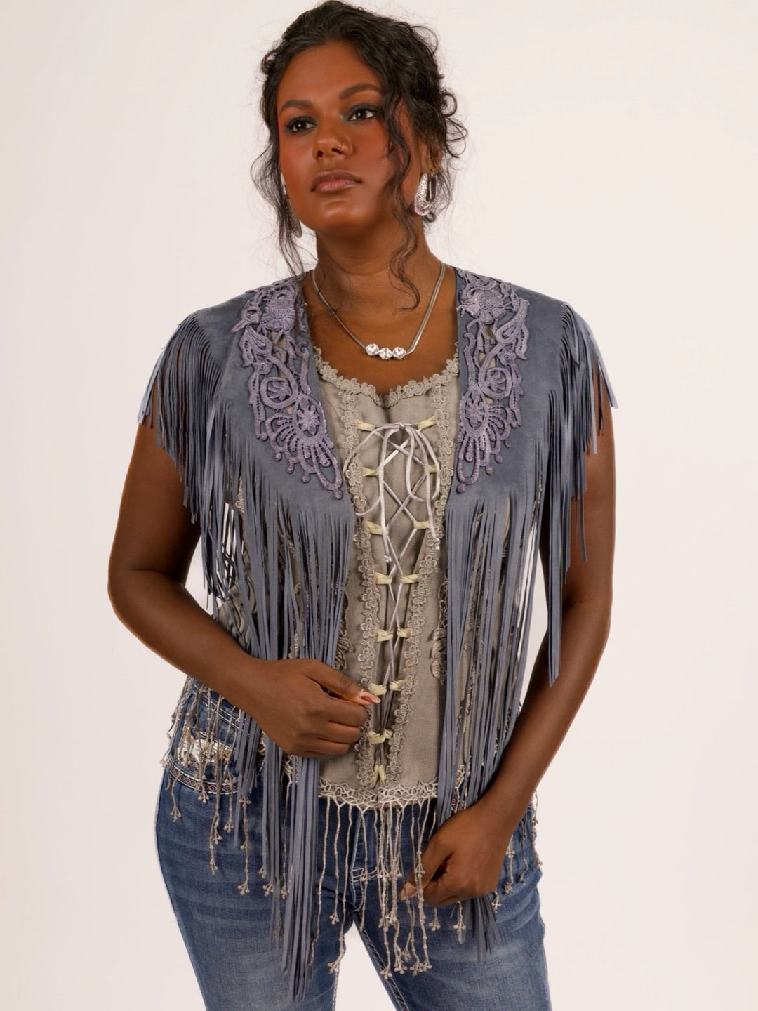 Handcrafted Denim Blue Suede Shoulder Fringe Collar by Pat Dahnke