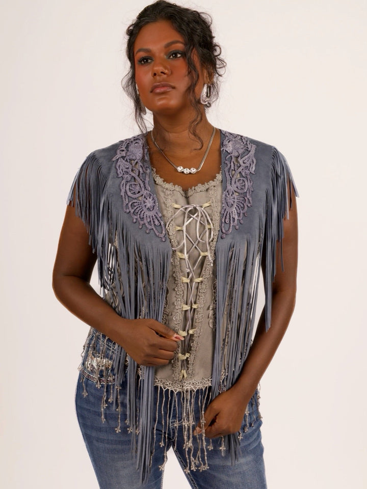 Handcrafted Denim Blue Suede Shoulder Fringe Collar by Pat Dahnke
