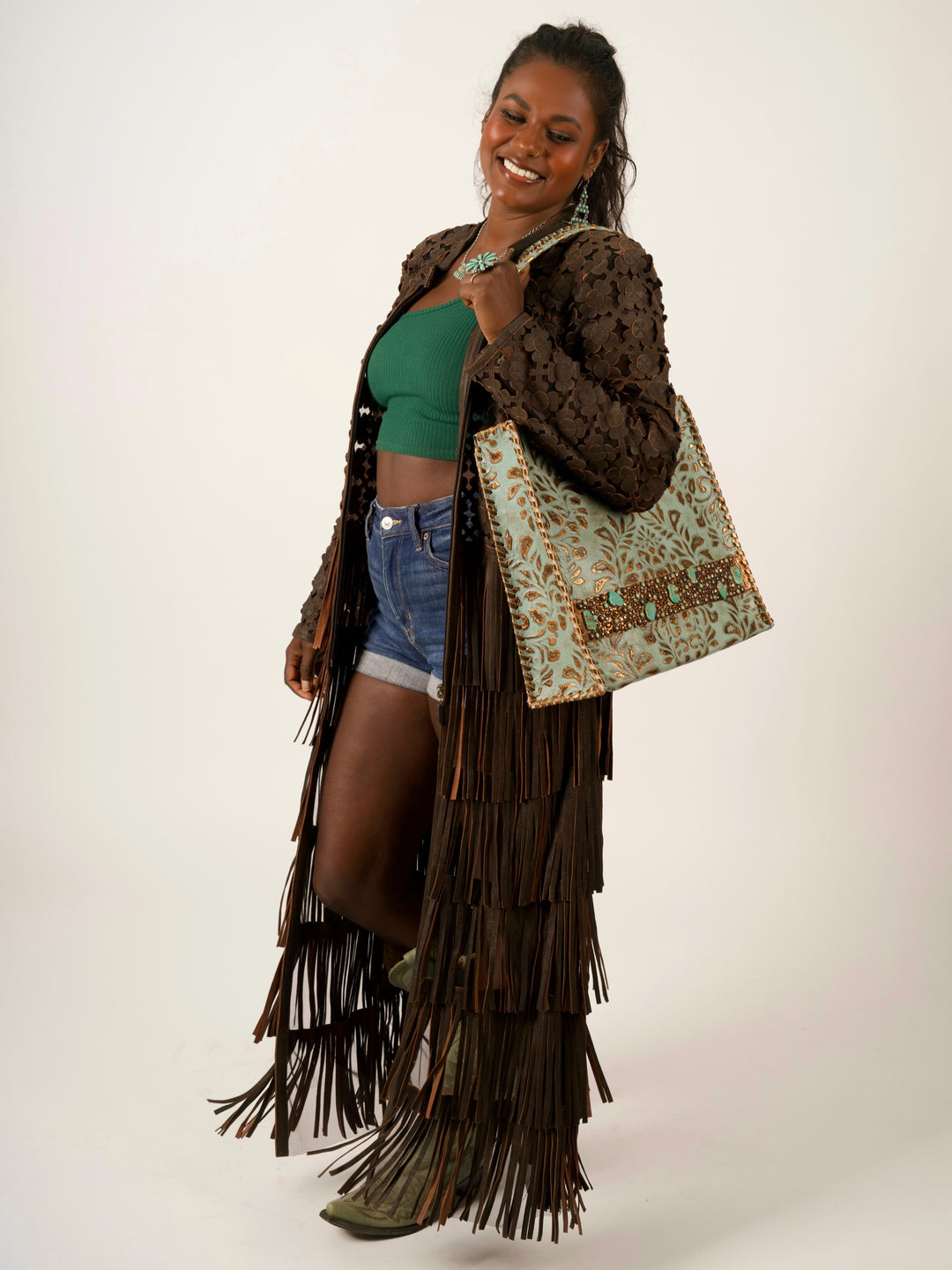 Italian Leather Laser-Cut Fringe Duster Jacket