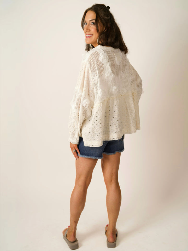 POL Vintage Lace V-Neck Balloon Sleeve Top with Floral Appliqué