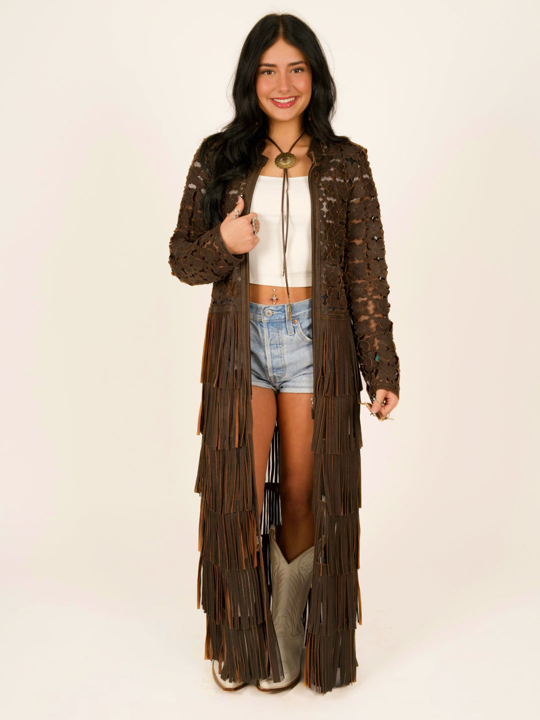 Italian Leather Laser-Cut Fringe Duster Jacket