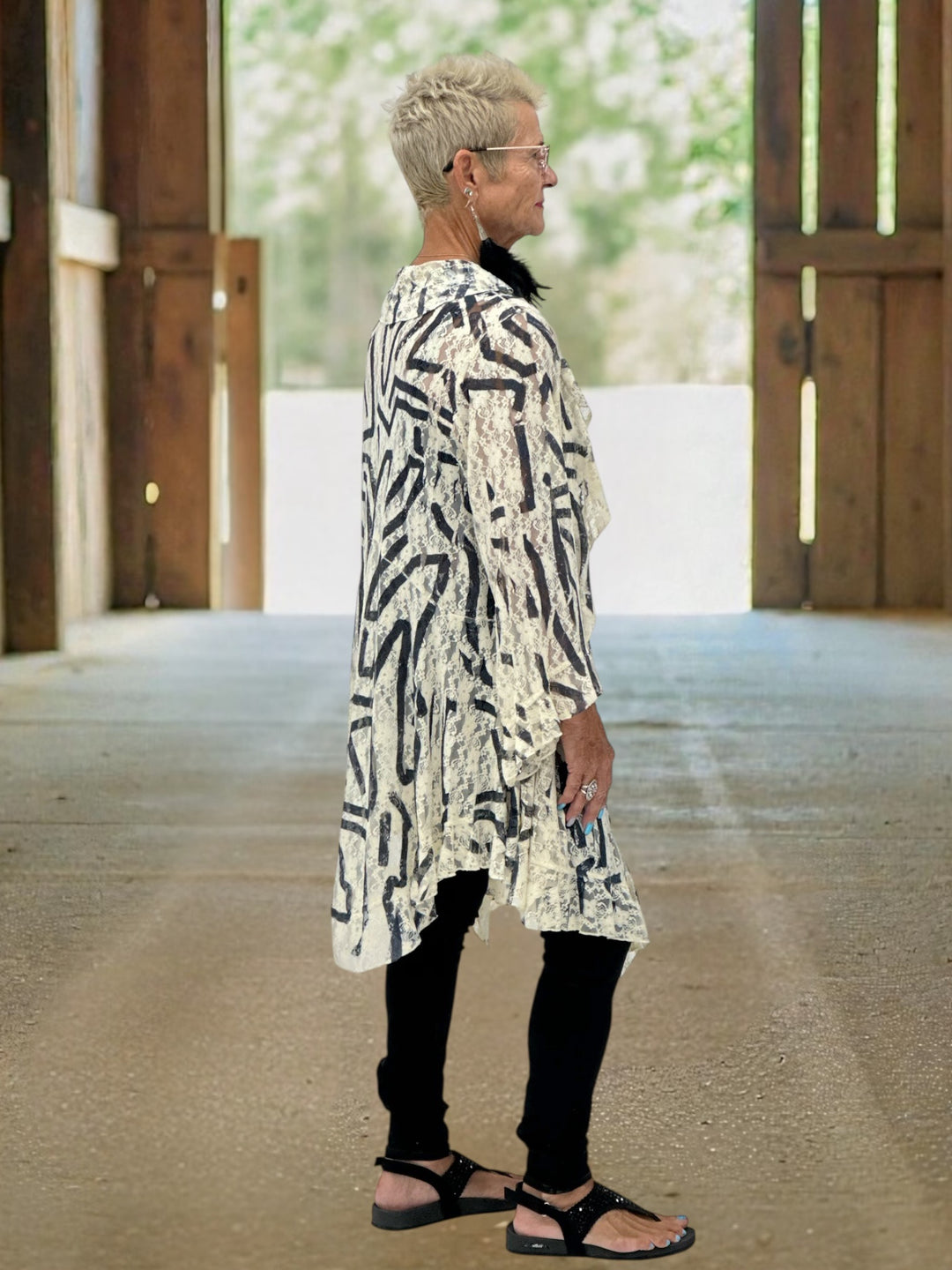 Ivory & Black Stripe Sheer Lace Duster