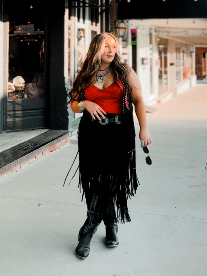 High Waist Suede Fringe Skirt