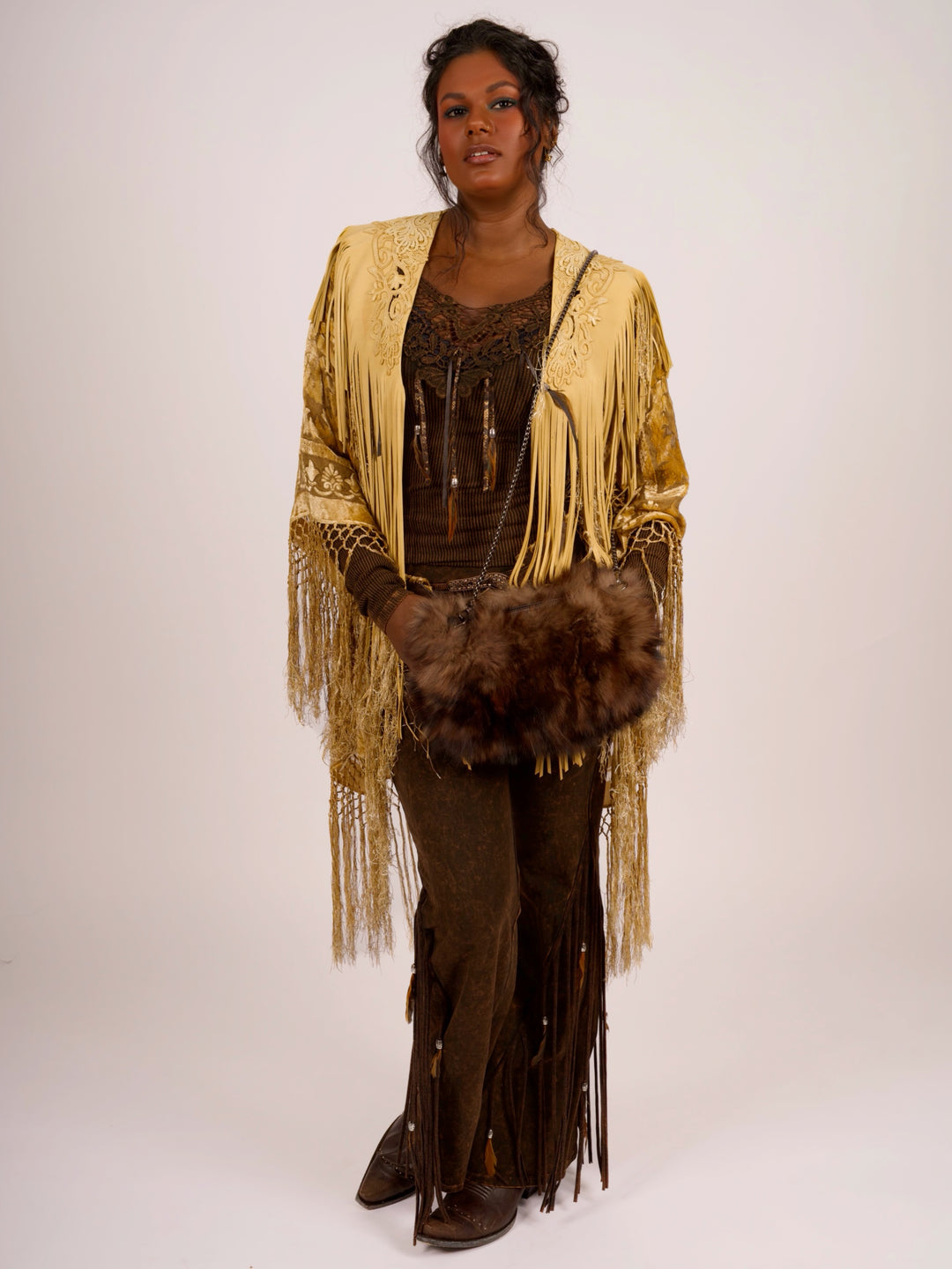 Handcrafted Palomino Deerskin Leather Shoulder Fringe Collar by Pat Dahnke