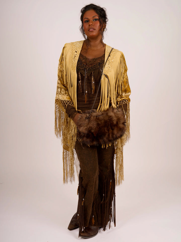 Handcrafted Palomino Deerskin Leather Shoulder Fringe Collar by Pat Dahnke