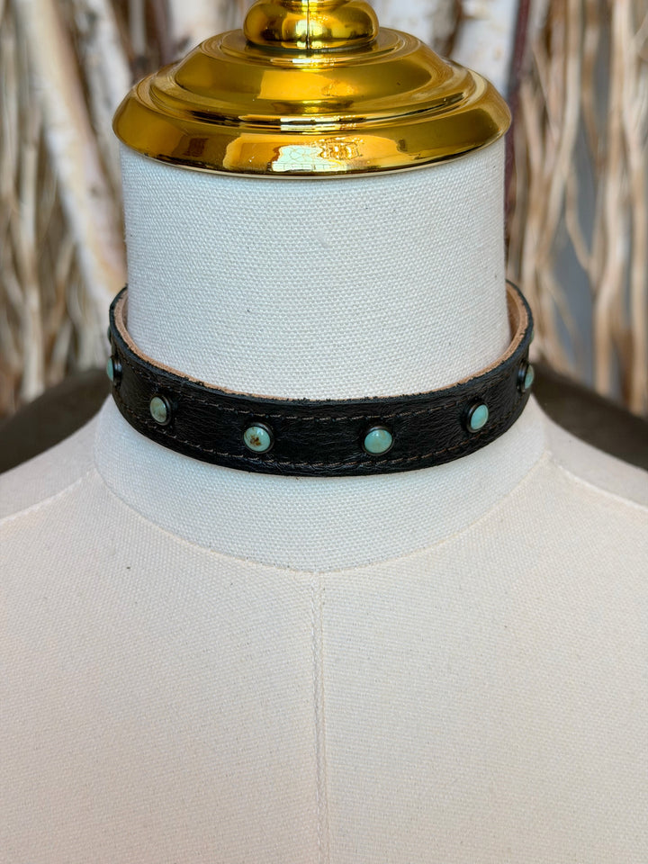 Black Leather & Turquoise Pearl Choker Necklace