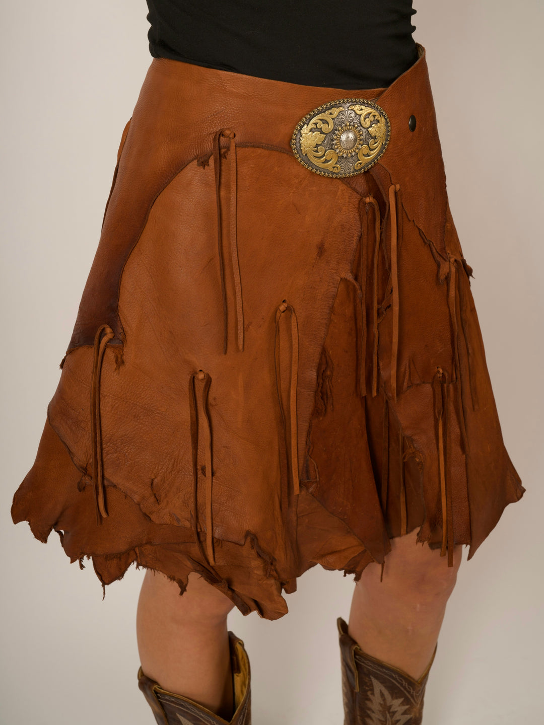 Knee Length Belt Buckle Deerskin Leather Fringe Wrap Skirt