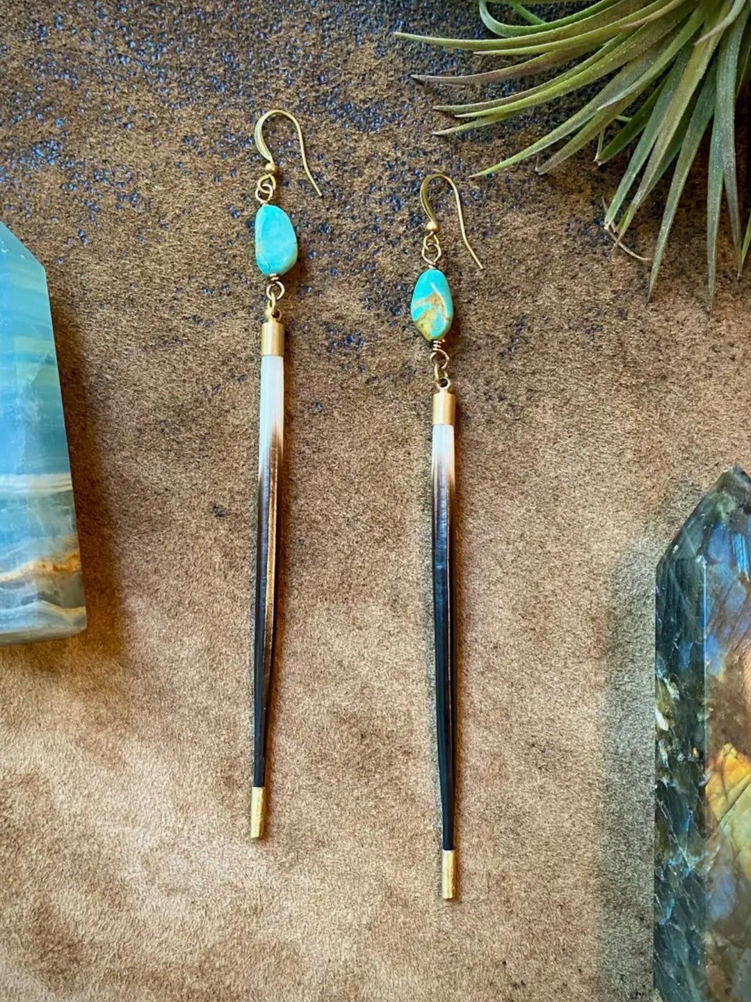 Turquoise Stone & Porcupine Quill Earrings