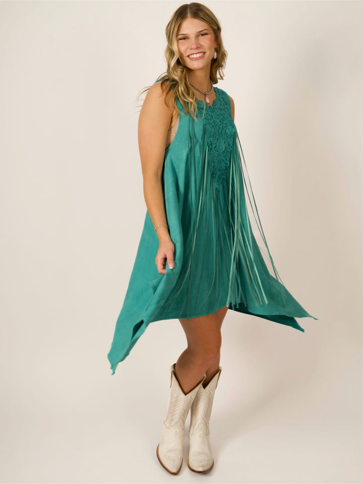 Turquoise Shark Bite Designer Sleeveless Dress w/ Deerskin Fringe & Lace Neckline