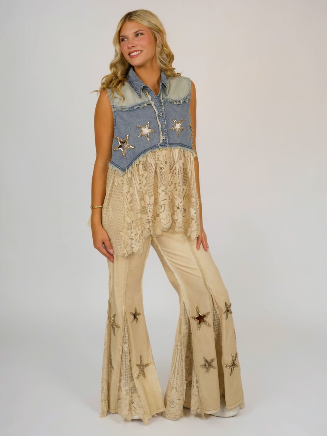 Boho Glam Rhinestone Star Denim and Lace Vest