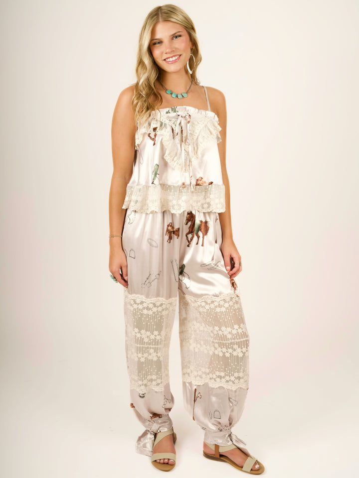 Stretch Satin Equestrian Print Lace-Paneled Balloon Pants