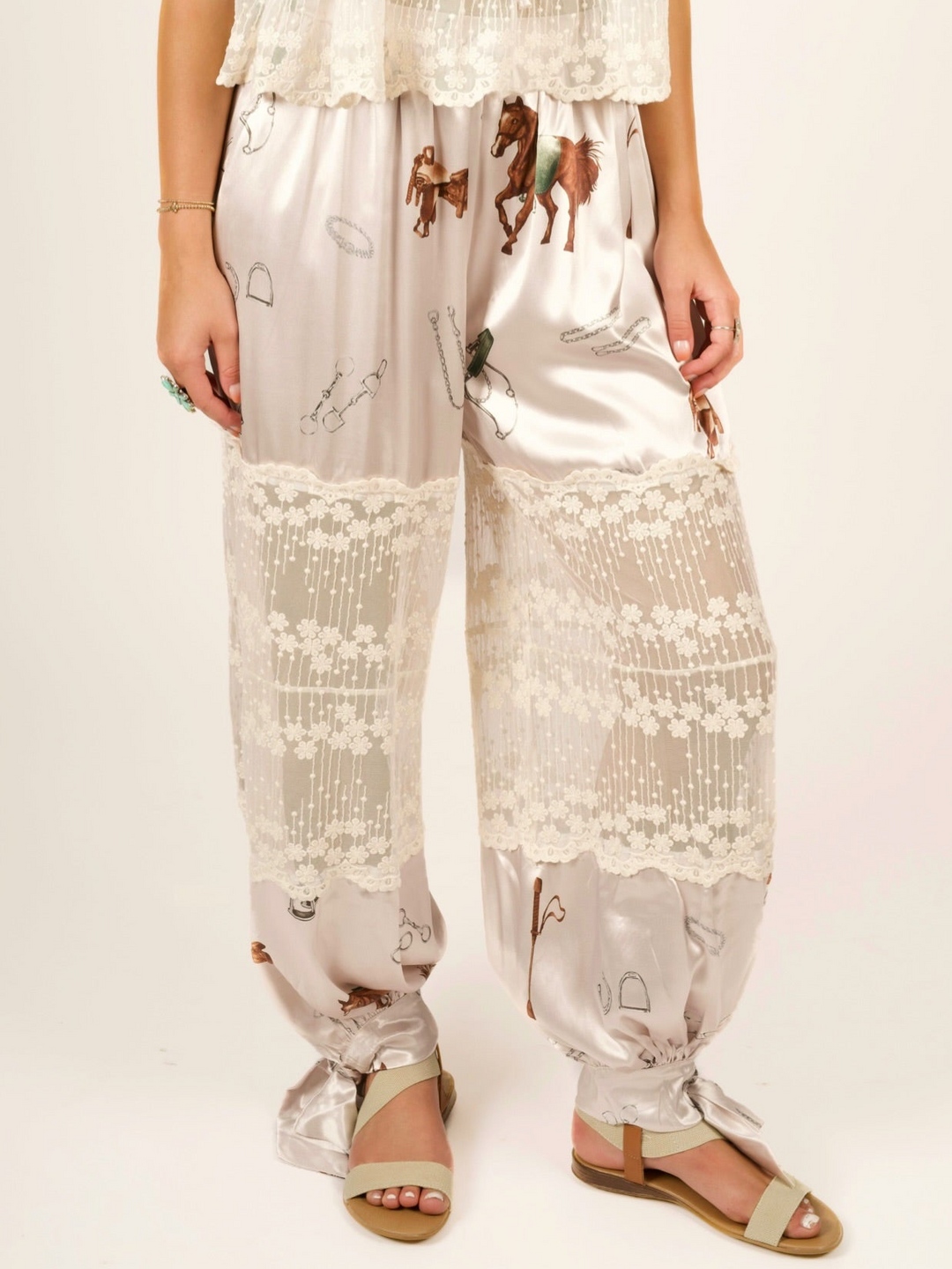 Stretch Satin Equestrian Print Lace-Paneled Balloon Pants
