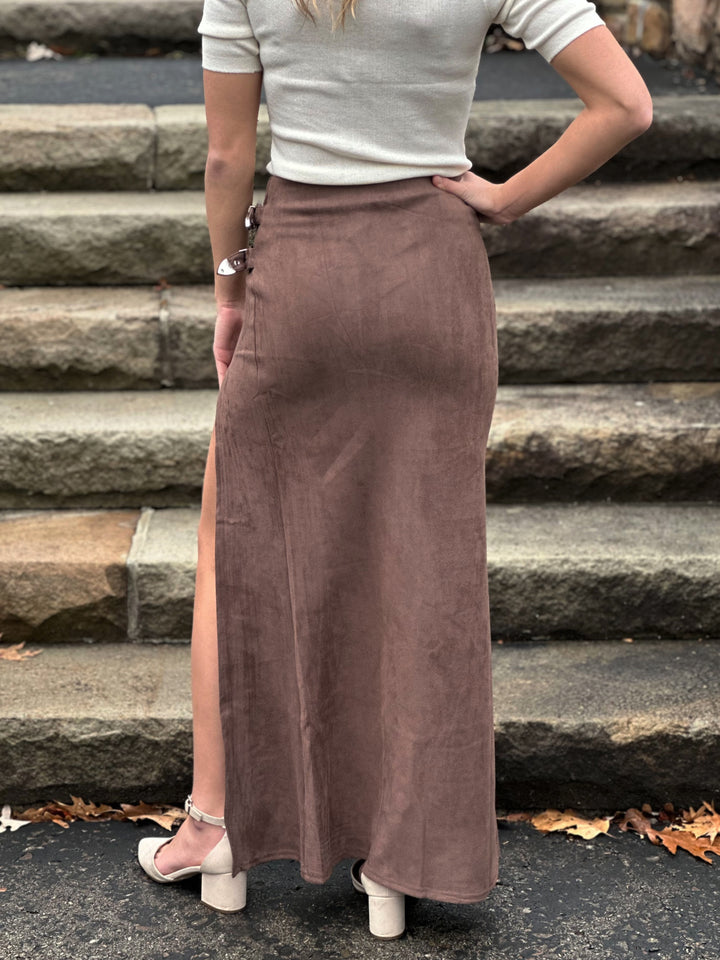 Suede Western Buckle Front Slit Maxi Skirt