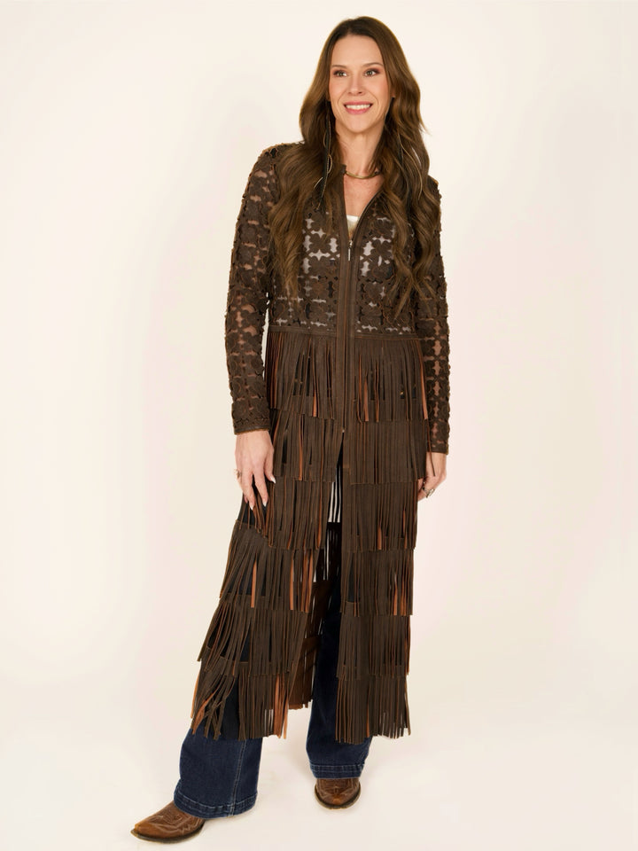 Italian Leather Laser-Cut Fringe Duster Jacket