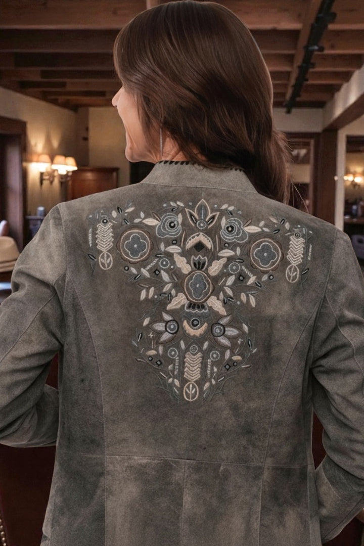 Floral Embroidery Leather Knee Length Jacket