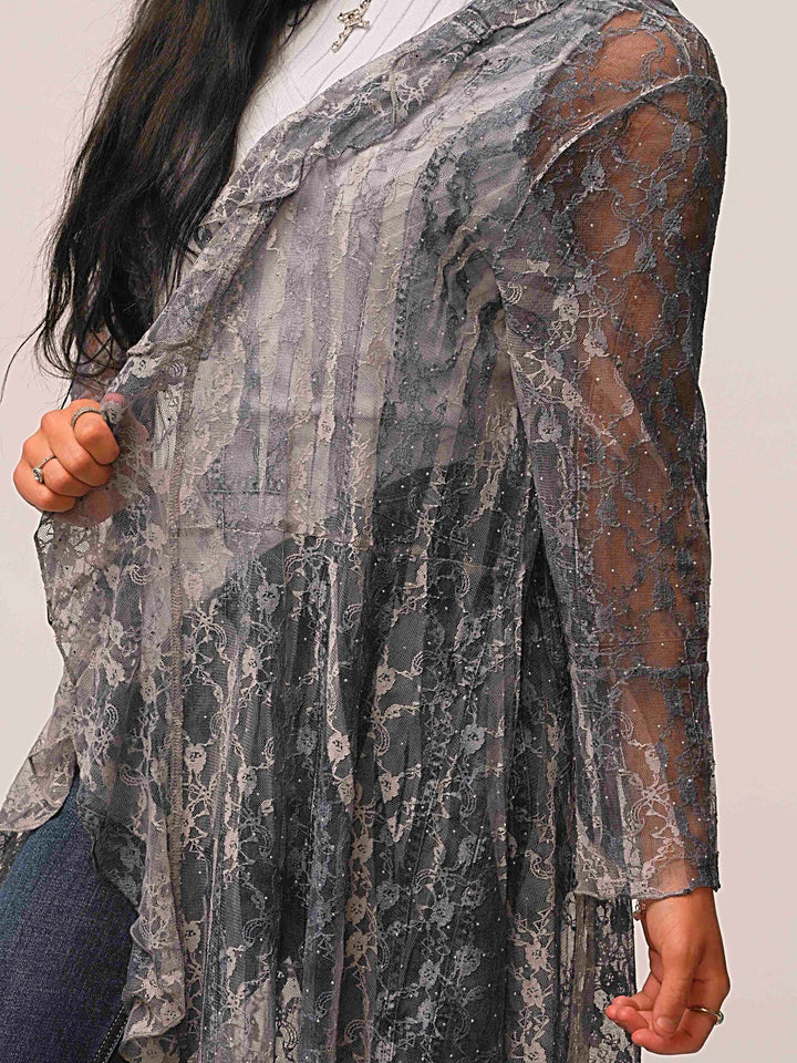 Long Rhinestone Detail Lace Cardigan Duster