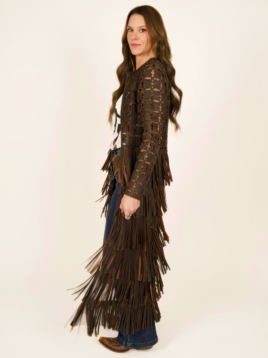 Italian Leather Laser-Cut Fringe Duster Jacket