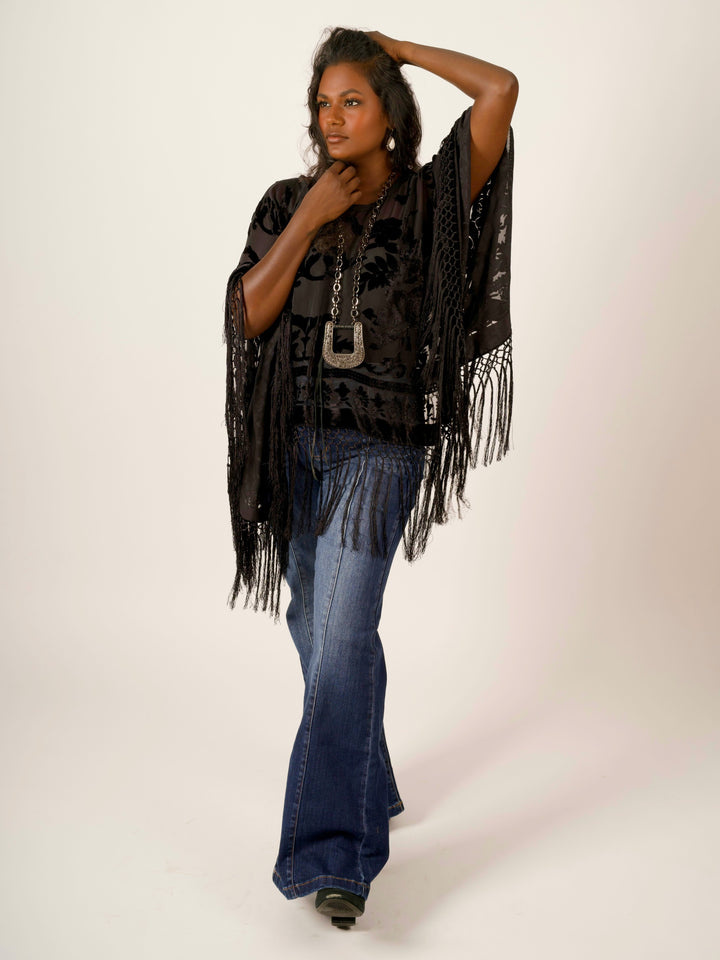 Burnout Velvet Poncho with Fringe